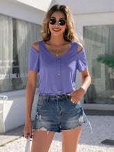 Load image into Gallery viewer, Decorative Button Round Neck Cold Shoulder T-Shirt