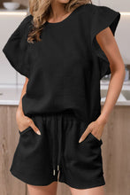 Load image into Gallery viewer, Ruffled Round Neck Top and Drawstring Shorts Set