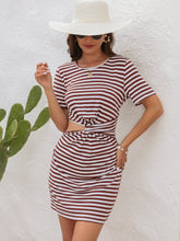 Load image into Gallery viewer, Cutout Striped Round Neck Short Sleeve Dress