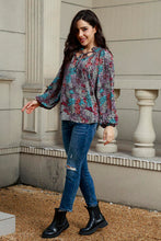 Load image into Gallery viewer, Tie Neck Heathered Balloon Sleeve Blouse