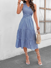Load image into Gallery viewer, Striped Johnny Collar Sleeveless Midi Dress