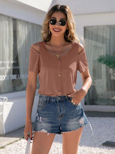Load image into Gallery viewer, Decorative Button Round Neck Cold Shoulder T-Shirt