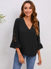 Load image into Gallery viewer, V-Neck Lace Detail Flounce Sleeve Blouse