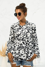 Load image into Gallery viewer, Printed Flare Sleeve Tie Neck Ruffle Trim Blouse