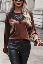 Load image into Gallery viewer, Lace Detail Round Neck Smocked Flounce Sleeve Blouse