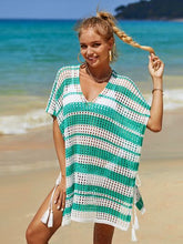 Load image into Gallery viewer, Tassel Openwork Striped V-Neck Cover Up