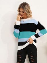 Load image into Gallery viewer, Striped Round Neck Dropped Shoulder Sweater