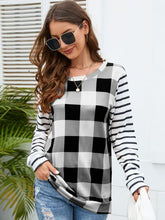 Load image into Gallery viewer, Plaid Striped Round Neck Long Sleeve T-Shirt