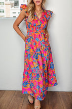 Load image into Gallery viewer, Printed V-Neck Cap Sleeve Pocketed Midi Dress