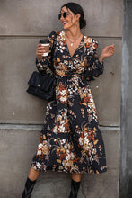 Load image into Gallery viewer, Floral Surplice Tie Front Ruffle Hem Midi Dress