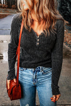 Load image into Gallery viewer, Ribbed Buttoned V-Neck Long Sleeve Top