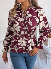 Load image into Gallery viewer, Printed Tie Neck Flounce Sleeve Blouse