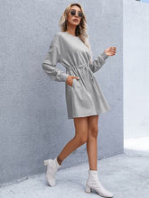 Load image into Gallery viewer, Drawstring Round Neck Dropped Shoulder Mini Dress