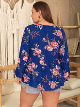Load image into Gallery viewer, Plus Size Printed Tie Neck Balloon Sleeve Blouse