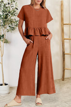 Load image into Gallery viewer, Peplum Round Neck Short Sleeve Top and Pants Set