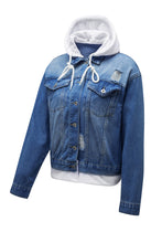 Load image into Gallery viewer, Distressed Hooded Denim Jacket