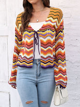 Load image into Gallery viewer, Striped Openwork Tied Cardigan