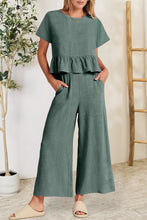 Load image into Gallery viewer, Peplum Round Neck Short Sleeve Top and Pants Set