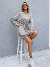 Load image into Gallery viewer, Drawstring Round Neck Dropped Shoulder Mini Dress