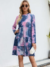 Load image into Gallery viewer, Tie-Dye Round Neck Long Sleeve Tiered Dress