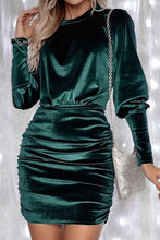 Load image into Gallery viewer, Ruched Round Neck Lantern Sleeve Mini Dress