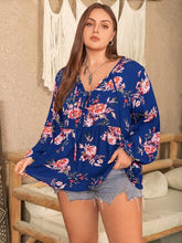 Load image into Gallery viewer, Plus Size Printed Tie Neck Balloon Sleeve Blouse
