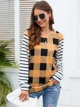 Load image into Gallery viewer, Plaid Striped Round Neck Long Sleeve T-Shirt