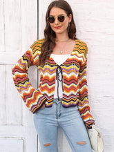 Load image into Gallery viewer, Striped Openwork Tied Cardigan