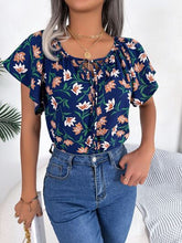 Load image into Gallery viewer, Floral Tie Neck Flutter Sleeve Blouse