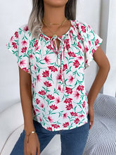 Load image into Gallery viewer, Floral Tie Neck Flutter Sleeve Blouse