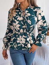 Load image into Gallery viewer, Printed Tie Neck Flounce Sleeve Blouse