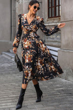 Load image into Gallery viewer, Floral Surplice Tie Front Ruffle Hem Midi Dress