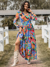 Load image into Gallery viewer, Printed Smocked Tie Neck Balloon Sleeve Maxi Dress