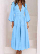 Load image into Gallery viewer, Deep V-Neck Balloon Sleeve Plain Maxi Dress