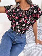 Load image into Gallery viewer, Floral Tie Neck Flutter Sleeve Blouse
