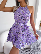 Load image into Gallery viewer, Tied Printed Grecian Neck Mini Dress