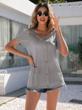 Load image into Gallery viewer, Decorative Button Round Neck Cold Shoulder T-Shirt
