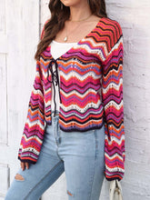 Load image into Gallery viewer, Striped Openwork Tied Cardigan