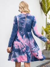 Load image into Gallery viewer, Tie-Dye Round Neck Long Sleeve Tiered Dress