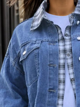 Load image into Gallery viewer, Plus Size Plaid Collared Neck Raw Hem Denim Jacket