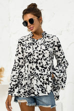 Load image into Gallery viewer, Printed Flare Sleeve Tie Neck Ruffle Trim Blouse