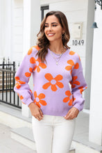 Load image into Gallery viewer, Floral Print Round Neck Dropped Shoulder Pullover Sweater
