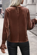 Load image into Gallery viewer, Lace Detail Round Neck Smocked Flounce Sleeve Blouse