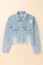 Load image into Gallery viewer, Distressed Pearl Trim Button Up Denim Jacket
