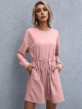 Load image into Gallery viewer, Drawstring Round Neck Dropped Shoulder Mini Dress