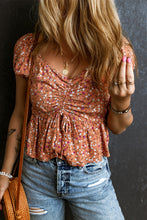 Load image into Gallery viewer, Drawstring Floral V-Neck Short Sleeve Blouse