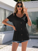 Load image into Gallery viewer, Decorative Button Round Neck Cold Shoulder T-Shirt