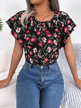 Load image into Gallery viewer, Floral Tie Neck Flutter Sleeve Blouse