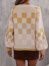 Load image into Gallery viewer, Checkered V-Neck Lantern Sleeve Sweater