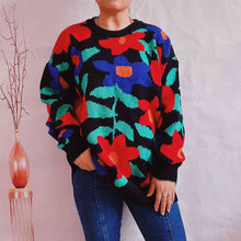 Load image into Gallery viewer, Floral Print Round Neck Drop Shoulder Sweater